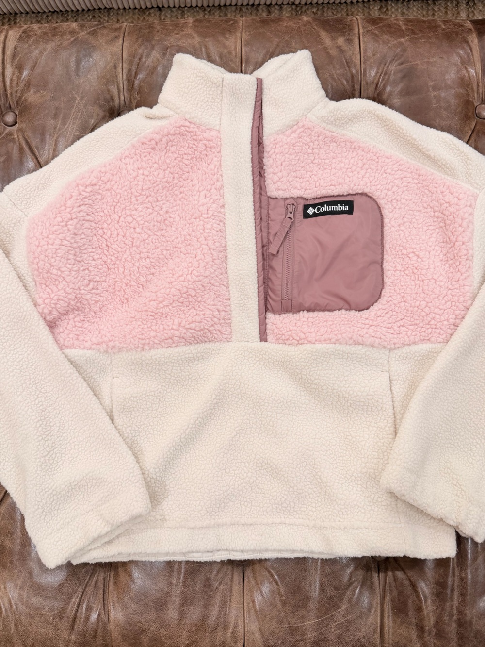 Columbia Kids Cream and Light Pink Sherpa Fleece Crop Jacket